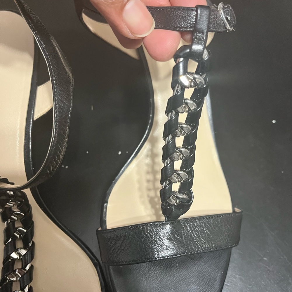 Black dressy open toe low heeled sandals